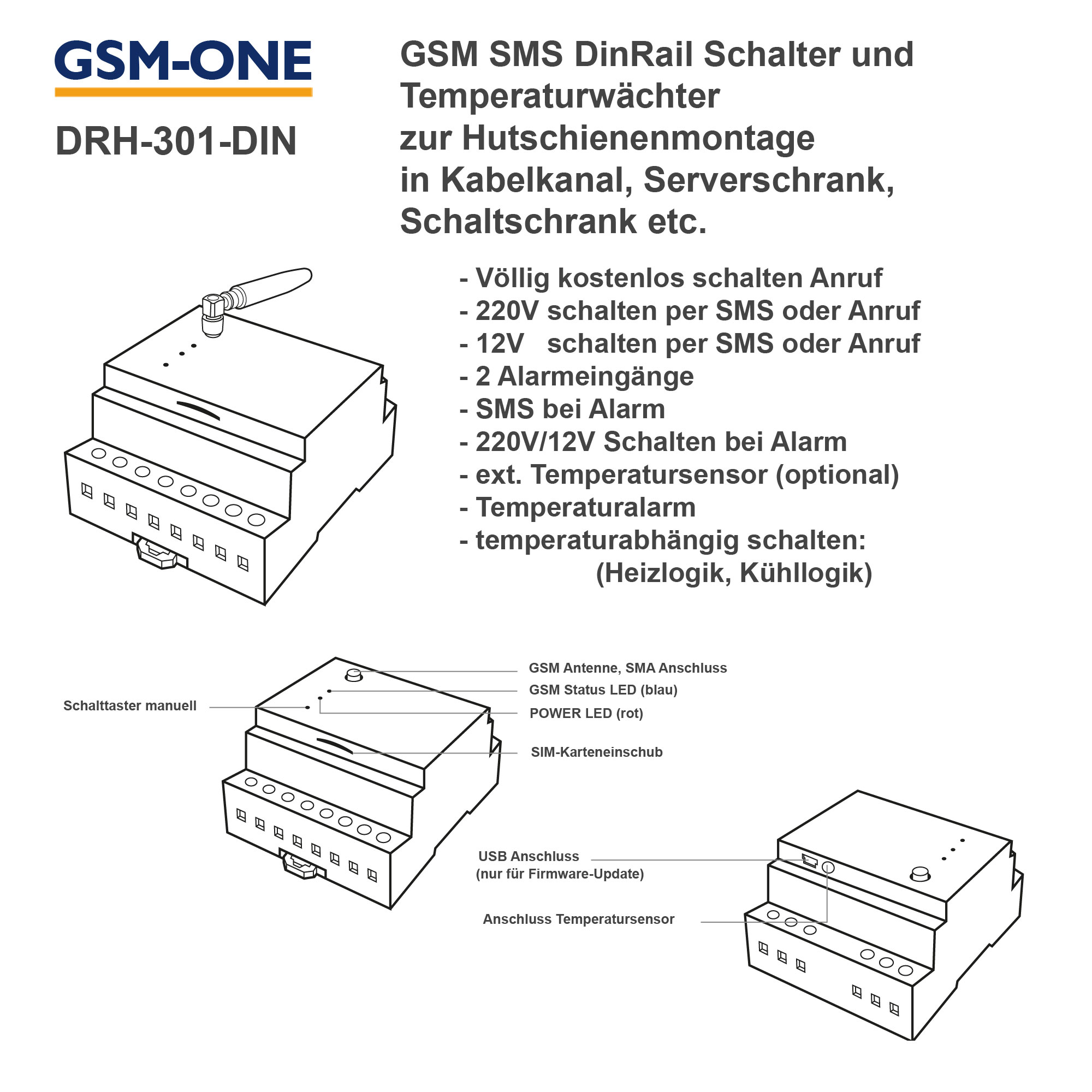 DRH-301-DIN GSM SMS Fernschalter und Temperaturwächter DinRail + Temperaturfühler TS-02